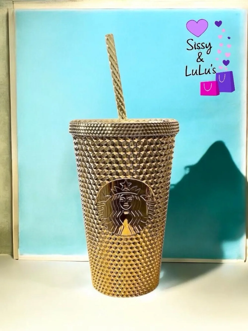 Starbucks Gold Studded Cold Cup Tumbler w/ Lid & Straw 16 oz Holiday 2022